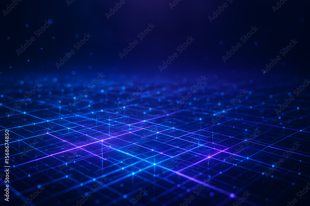 Poster a glowing blue and purple grid of lines and dots extends into the distance, representing data or net