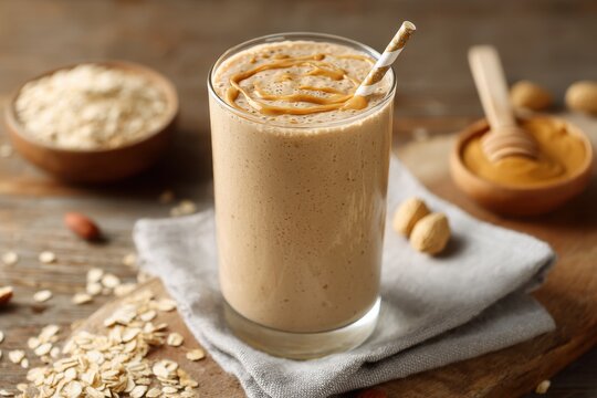 Oatmeal peanut butter smoothie for breakfast Blurred background room for text