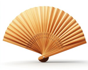 Tan bamboo hand fan fully opened on a white background. It represents Asian culture, summer heat, or personal cooling.