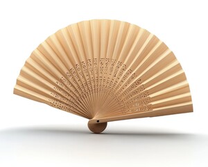 Elegant hand fan, crafted from light wood, unfolded on white surface. Use for representing traditions, summer breeze, and beautiful designs.