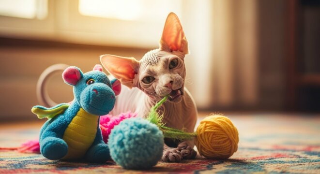 Sphynx cat playing indoors with yarn and a plush toy