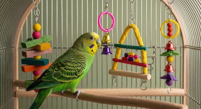 Green parakeet perched on cage perch with colorful hanging toys