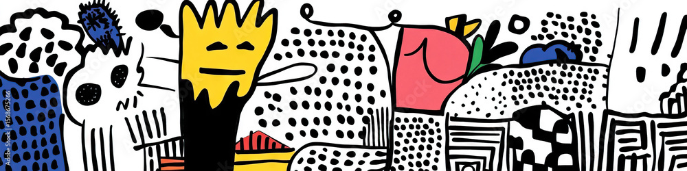 Aufkleber abstract illustration with cartoon figures and geometric patterns