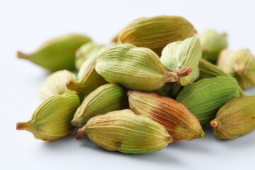 Isolated green cardamom pods on a white background ideal for text or images Culinary concept Close up view