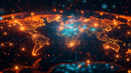 Digital world map highlighted in orange on a glowing teal background