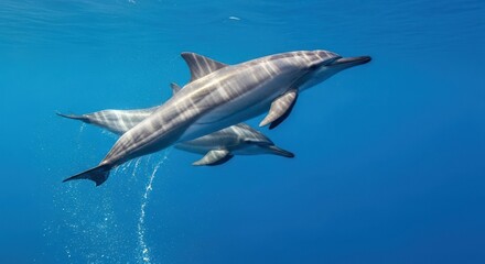 Fototapeta premium Two dolphins swim in the deep ocean water together wildlife nature