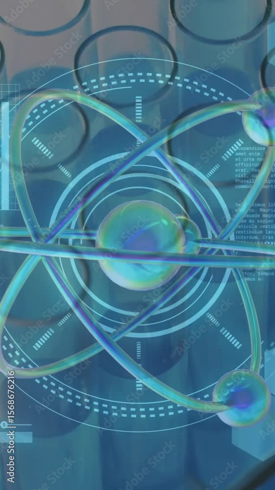 Poster animation of scientific data processing over laboratory dishes on grey background