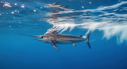 Obraz premium Marlin swimming in the blue ocean, view from underwater