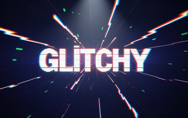 A digital graphic design with the word "GLITCHY" in white text with horizontal scan line effects against a dark blue background.