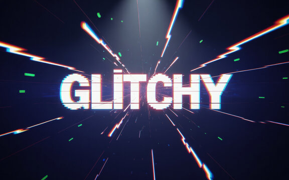 A digital graphic design with the word "GLITCHY" in white text with horizontal scan line effects against a dark blue background.