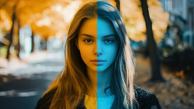 Dual-toned portrait of a young woman in autumnal setting.  Split face in contrasting colors