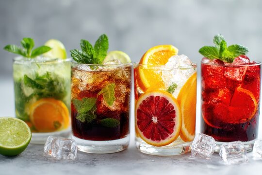 Refreshing cocktails with fruit mint and ice sit on a white table
