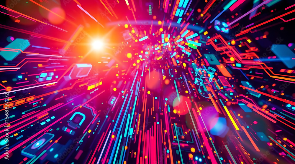 Poster abstract futuristic background with glowing lines and shapes in vibrant pinks and blues creating dep
