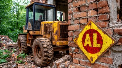 Yellow Construction Vehicle at Demolition Site