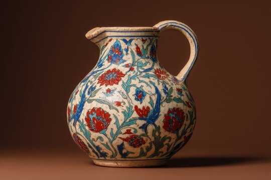 Iznik ceramics from Bursa A jug featuring floral patterns in red blue and green against a plain backdrop Decorative porcelain vases