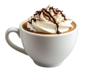  White Coffee Cup with Chocolate Drizzle and Chantilly Cream, Isolated on Transparent Background