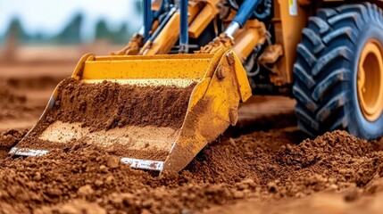Yellow Backhoe Bucket Moving Brown Dirt During Outdoor Construction Project