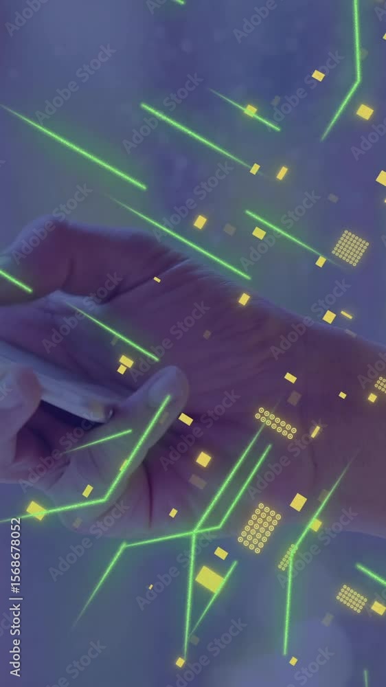 Poster animation of circuit board with data processing over caucasian woman using smartphone