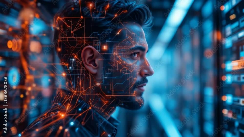 Aufkleber digital network communication of a man with circuit overlay. 4k video
