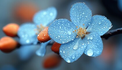 Delicate blue flower petals are covered in shimmering water droplets after a rain. Use for backgrounds, nature themes, spring imagery, or delicate concepts.
