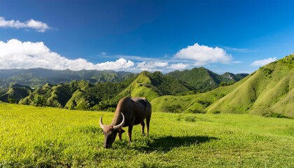 Naklejka premium buffalo grazing in green pasture with lush hills and bright blue sky in philippines