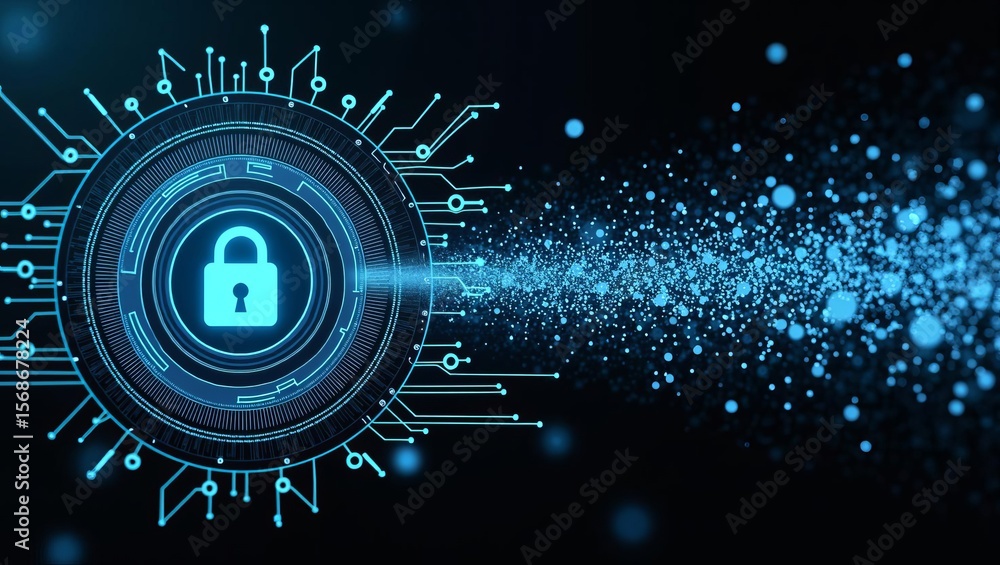 Poster futuristic digital padlock symbolizing cybersecurity, data protection, and secure technology network
