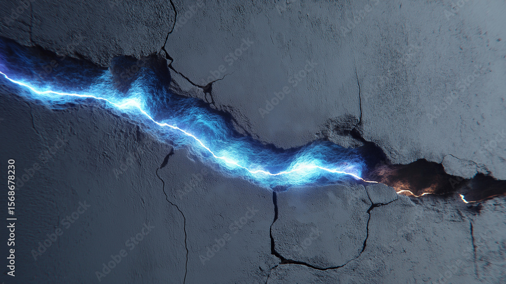 Poster Photorealistic image of close up crack in surface with glowing blue light emanating from it, creating dramatic and mysterious effect