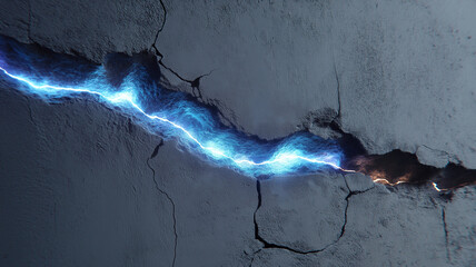 Photorealistic image of close up crack in surface with glowing blue light emanating from it, creating dramatic and mysterious effect