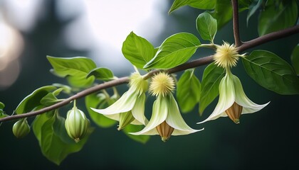 Obraz premium belladonna enigmatic poisonous plant with lush leaves and delicate blossoms on a tree branch