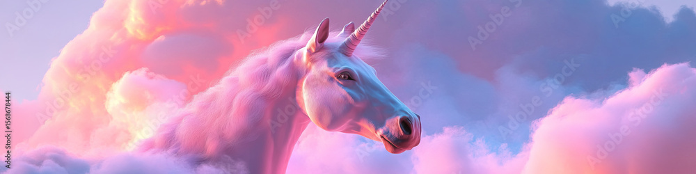 Poster digital rendering of unicorn in pastel clouds