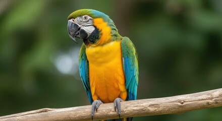 Fototapeta premium Colorful parrot perched on a branch against soft green background