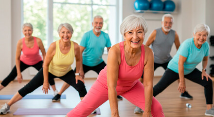 Happy group of seniors exercising in a fitness class for older adults