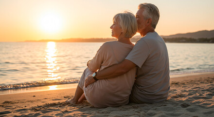 Romantic senior couple cuddling watching the sunset on the beach