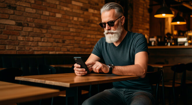 Stylish senior man with white beard and sunglasses using smartphone in vintage bar