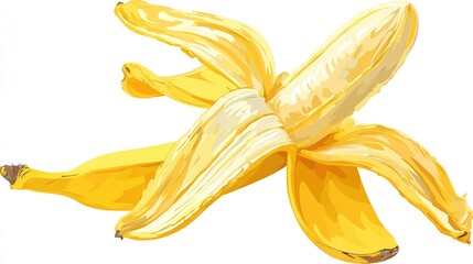 Partially peeled, vibrant yellow banana with a creamy interior on a white backdrop