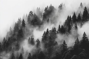 Mysterious fog envelops a dense forest during early morning hours in a remote mountainous area