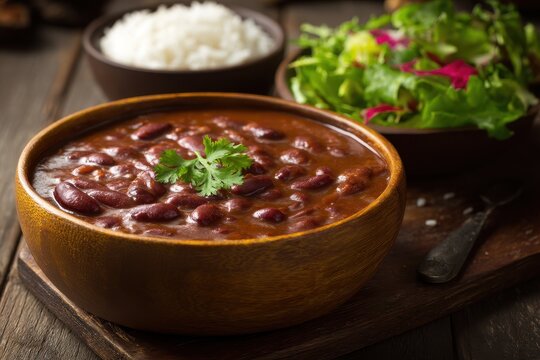 Rajma or Razma is a favored North Indian dish made of red kidney beans in a spiced gravy served with Jeera Rice and green salad photographed on a vibrant wooden table