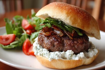 Greek inspired beef patty topped with tzatziki caramelized onions greens and tomatoes