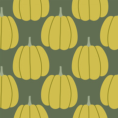 Pumpkins seamless pattern. Autumn isolated green pumpkin on dark green background. Square repeat pattern flat design for fall season.