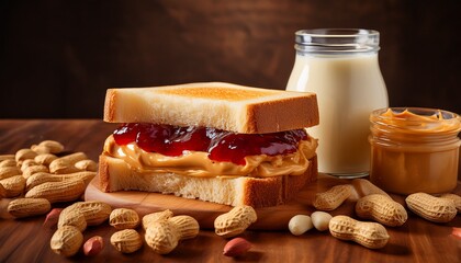 a peanut butter and jelly sandwich with visible layers accompanied by a glass of milk and a jar of jam on national peanut butter and jelly day with peanuts scattered around on a wooden surface