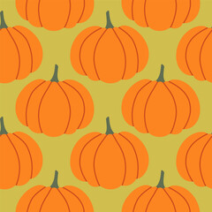 Pumpkins seamless pattern. Autumn isolated orange pumpkin on green background. Square repeat pattern flat design for fall season.