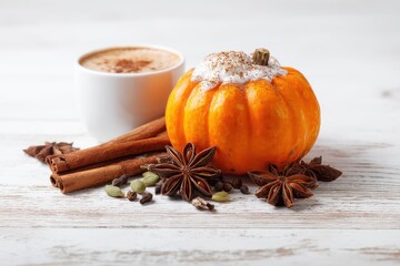 Ingredients for pumpkin latte small orange pumpkin cinnamon star anise on white wood with space for text