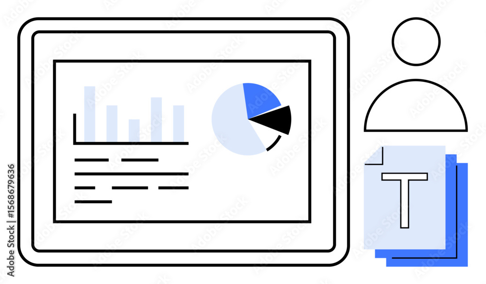 Poster data dashboard with bar graph, pie chart on screen, person icon, file stack. ideal for analytics, pr