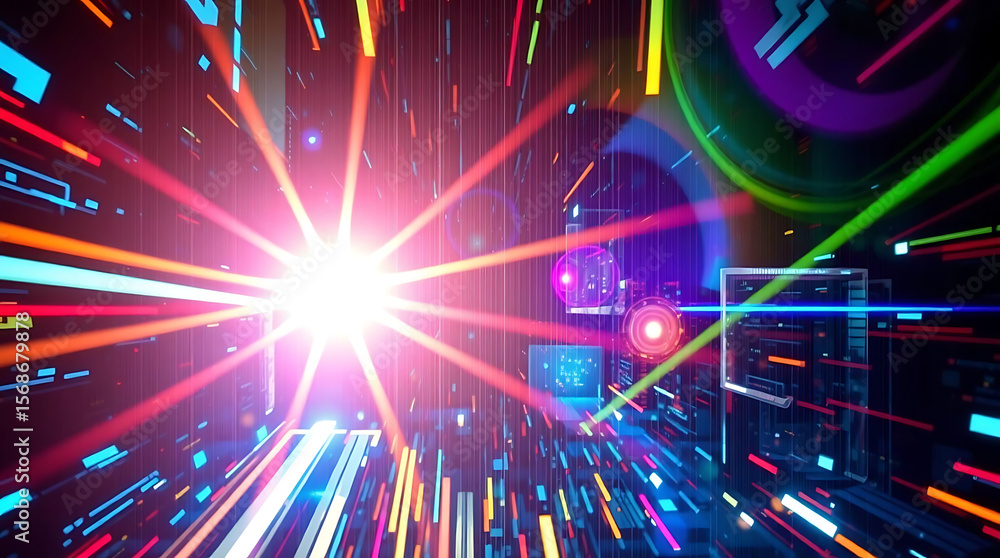 Poster a bright light at the end of a tunnel with colorful lines and shapes in a futuristic environment des