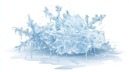 A translucent ice sculpture, melting, with icy shards and water droplets forming a puddle on a white background