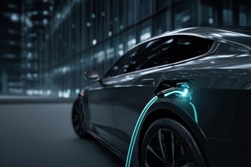 Modern electric car charging at night in a city with illuminated buildings in the background showcasing urban technology