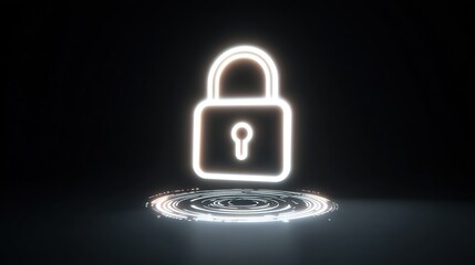 Glowing padlock icon over reflective concentric rings on dark, sleek surface