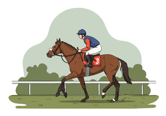 A jockey rides a brown horse over a fence during a race. Dynamic action shot with clear composition and vibrant colors. Suitable for sports and equestrian themes.