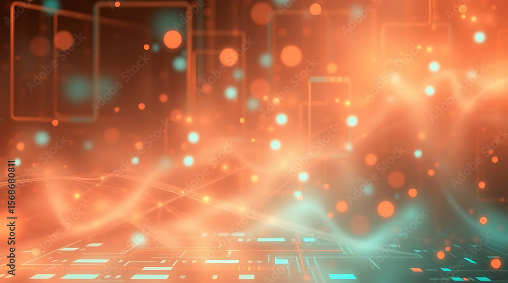 Poster abstract background with orange and teal bokeh lights and geometric shapes in a blurred landscape