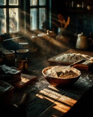 Rustic Kitchen Baking Scene with Flour